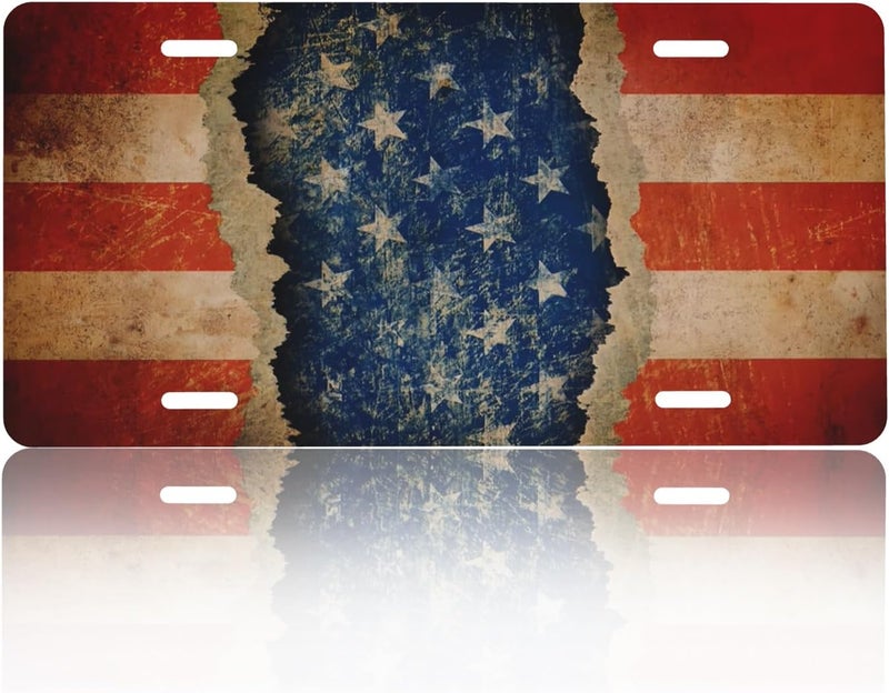 CTVSLFU Front License Plate Cover – Aluminum Metal Car Accessory, Rust-Proof Novelty Vanity Tag Decor for Men & Women, 6x12 with 4 Holes - Vintage Stars and Stripes 004 - Image 1